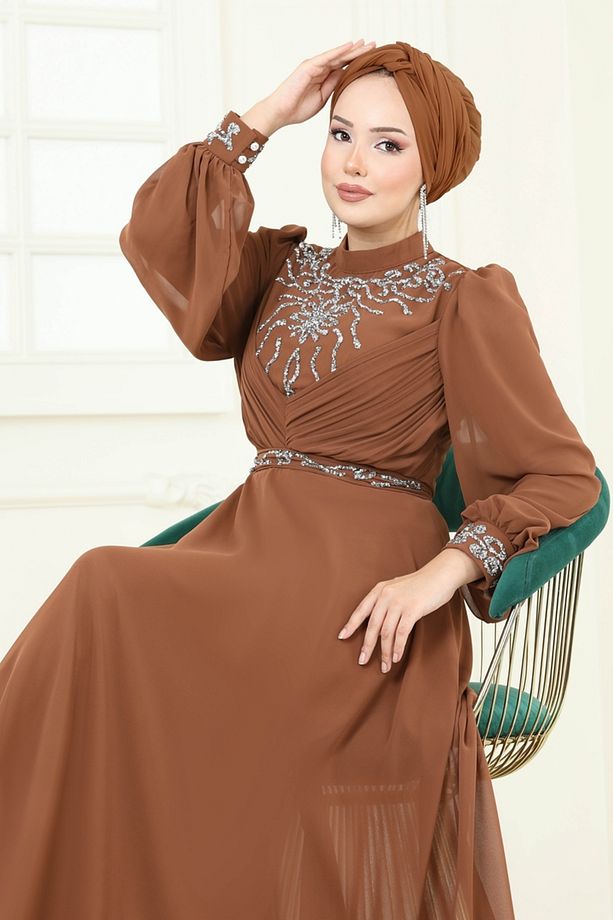 Taşlı Şifon Abiye 8010AB368 Bakır - 5