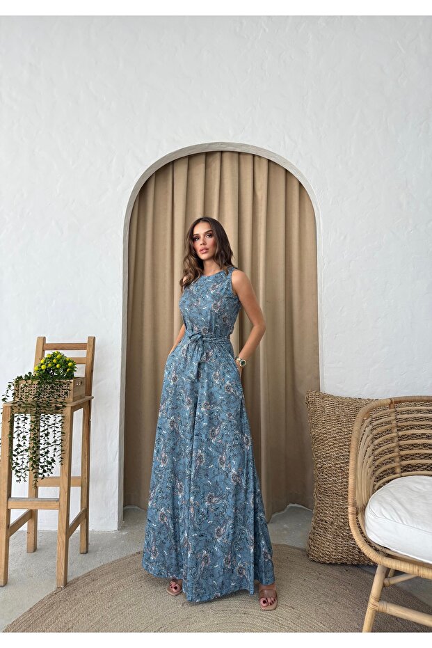 Patterned Flared Belted Design Jumpsuit
