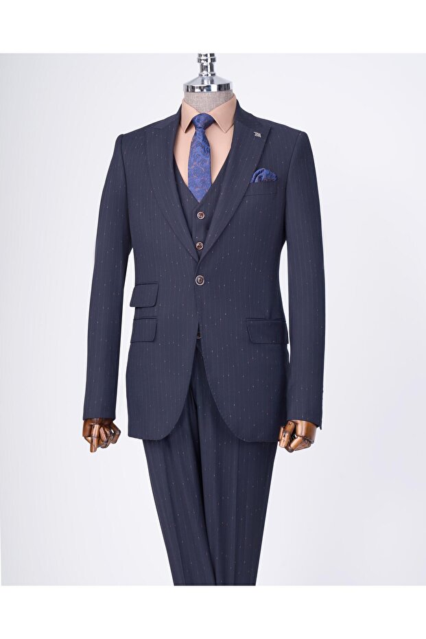 Italian Style Slim Fit 8 Drop Jacket Vest Pants Suit Navy Blue T13357