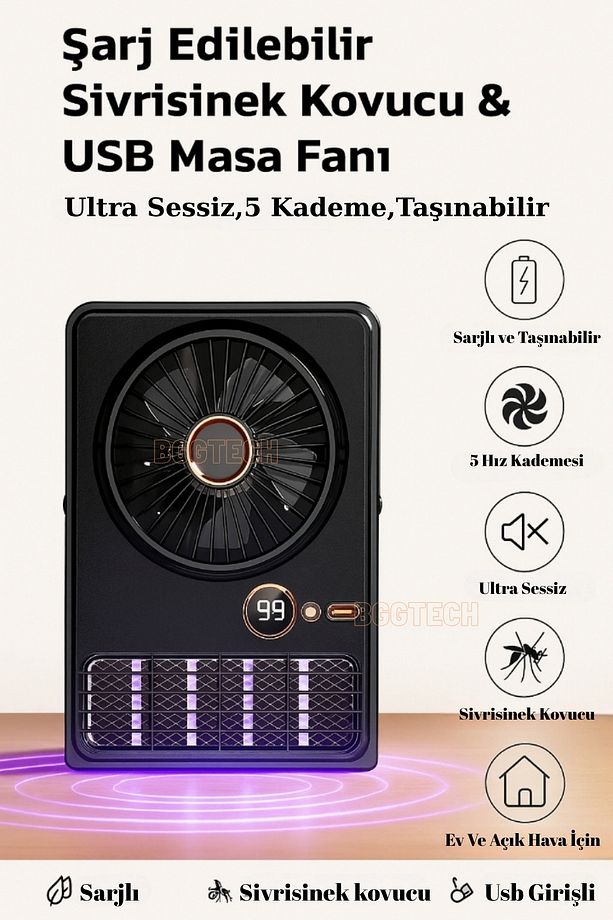 Taşınabilir Şarjlı Fan & Böcek Kovucu - USB Girişli, Sessiz, 5 Kademe, Çift Amaçlı Kullanım - 1