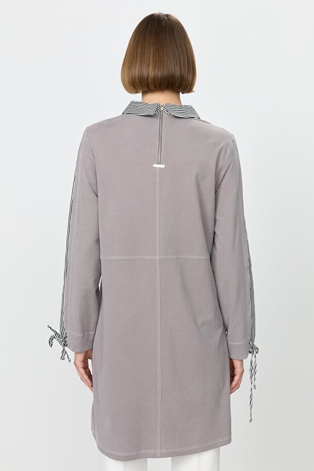 Garnili Gömlek Yaka Örme Tunik Gri - 4