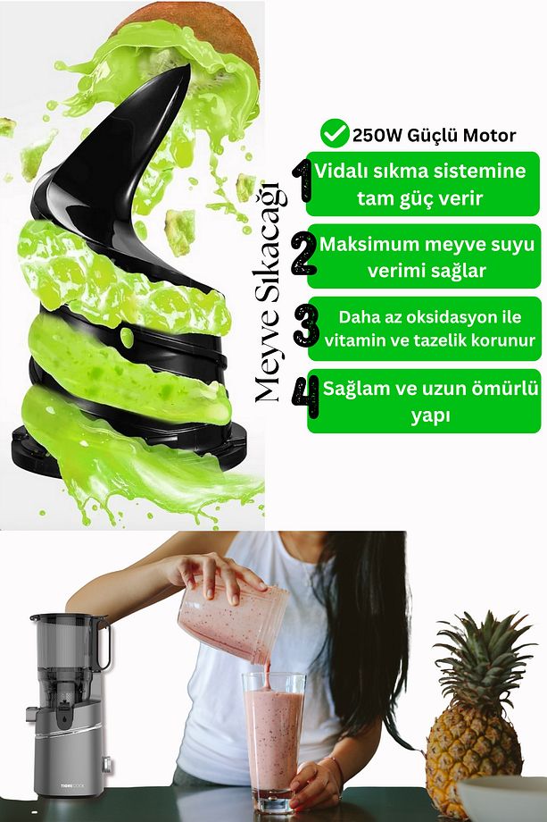 Slow Juicer Yavaş Sıkım Katı Meyve Sıkacağı Sorbe ve dondurma - 5