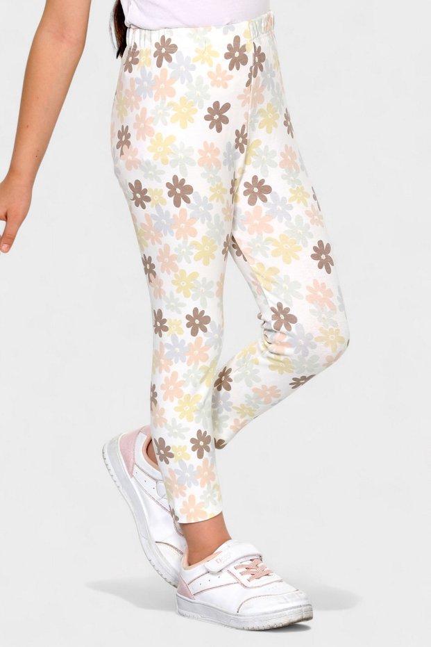 Girl's Off-White 1-6 Years Organic Natural Cotton Lycra Basic Ankle Length Printed Leggings