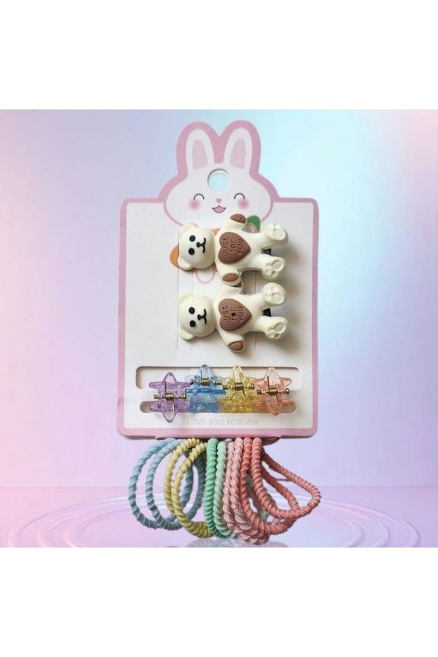 2 Pieces of Hair Rubber and Clip with Cream Color Teddy Bear