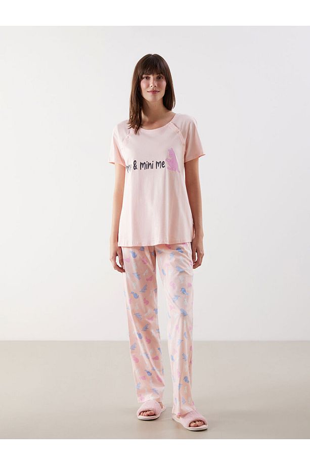 Bisiklet Yaka Baskılı Hamile Pijama Takımı - 1