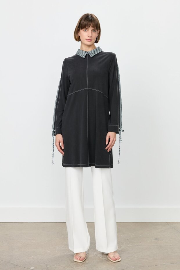 Garnili Gömlek Yaka Örme Tunik Siyah - 2