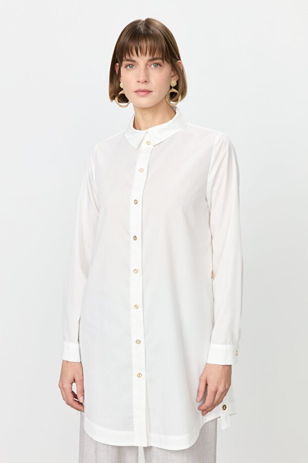 Metal Accessory Shirt Collar Cotton Tunic Ecru