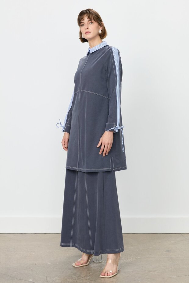 Garnili Gömlek Yaka Örme Tunik Lacivert - 2