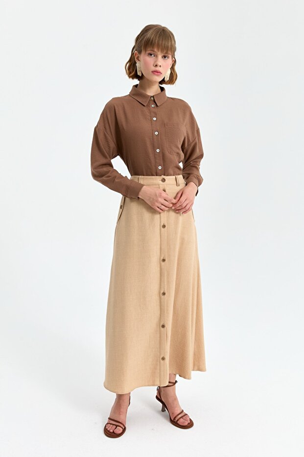 Önden Düğmeli Etek Camel - 2