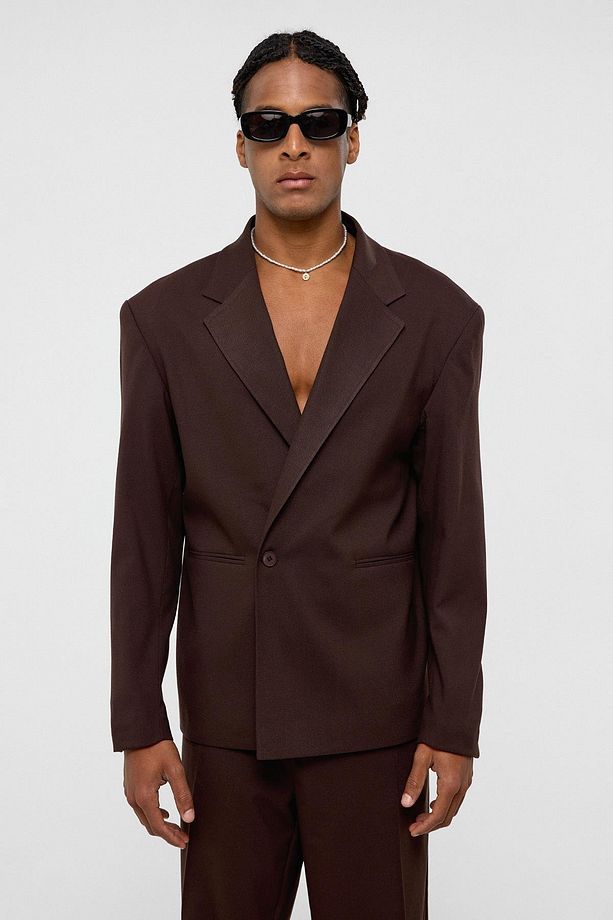 Tek Düğme Oversize Takım Elbise Kahve - 8