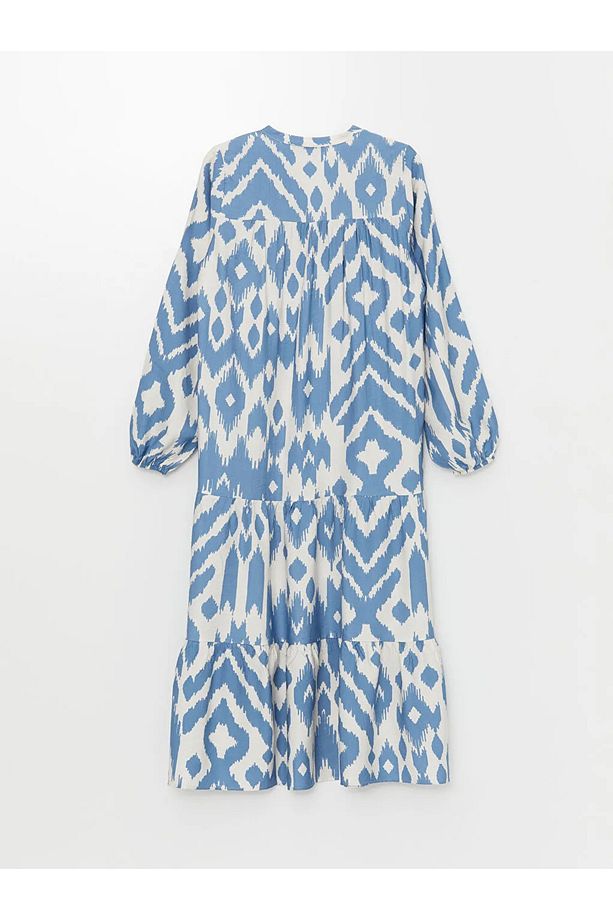 LCWAIKIKI Maternity Indigo Kaçık Yaka Desenli Uzun Kollu Hamile Elbise - 7