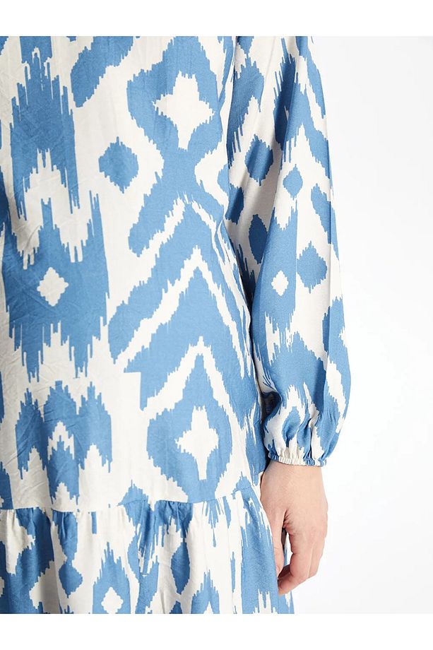 LCWAIKIKI Maternity Indigo Kaçık Yaka Desenli Uzun Kollu Hamile Elbise - 6
