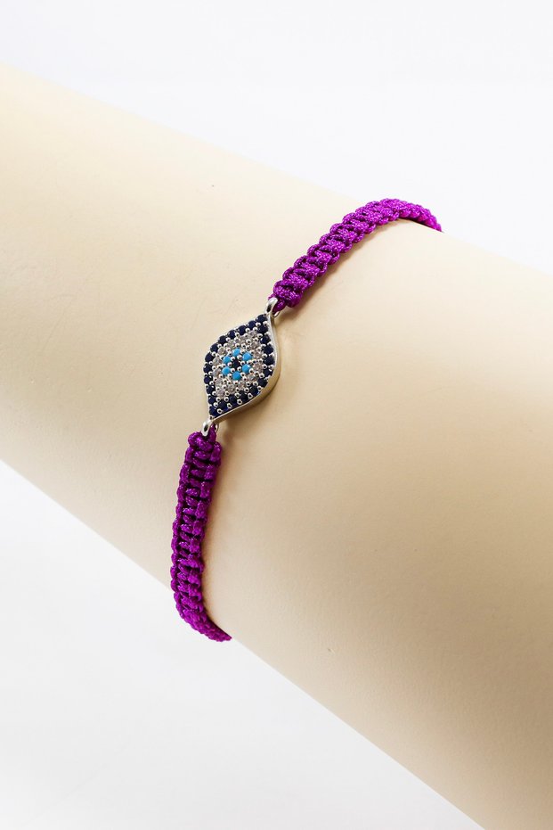 Silver Ellipse Zircon Stone Evil Eye Bracelet with Purple Colored Elevator, Gift Bracelet