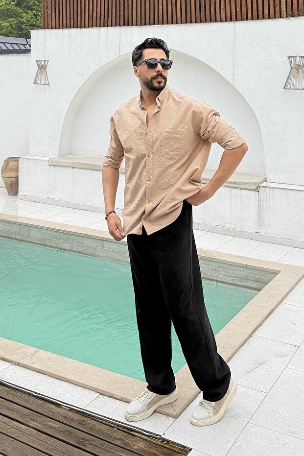 Regular Kraşlı Erkek Gömlek Sütlü Kahve - 2