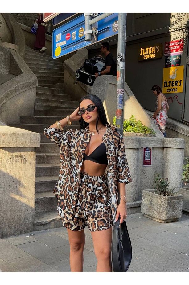 Kadın Oversize Gömlek Şort Takımı - 4