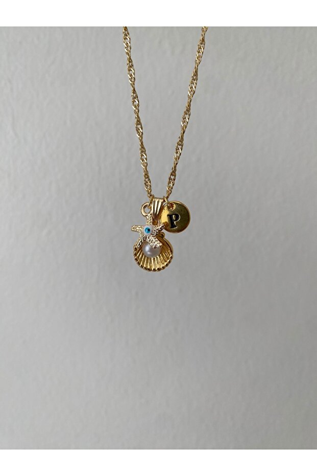 Oyster Detailed Letter and Evil Eye Necklace