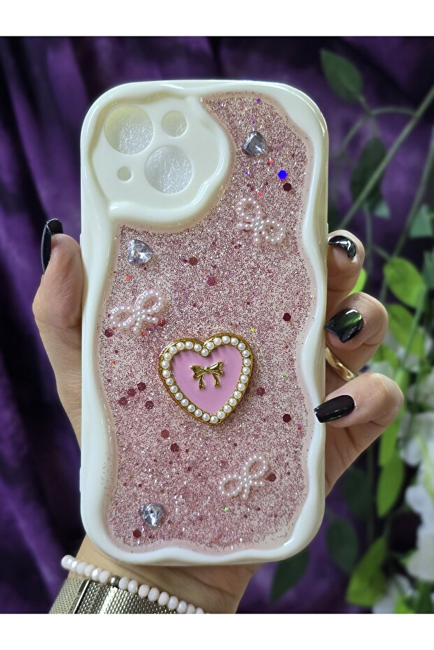 iPhone 13 Compatible Stylish Phone Case with Heart Pink Glitter Pearl and Ribbon Detail