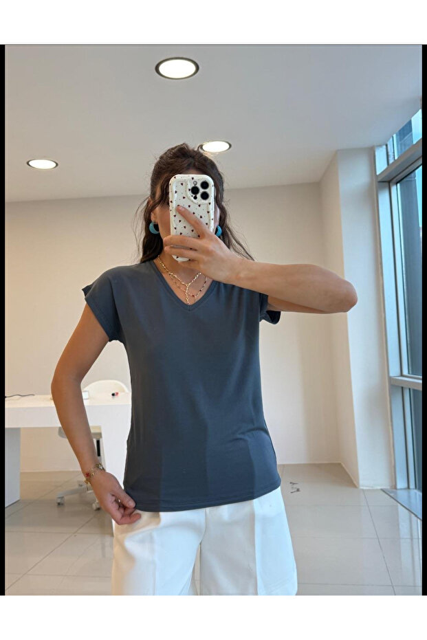 Kadın V yakalı Basic Modal Kurtarıcı Tişört - 1