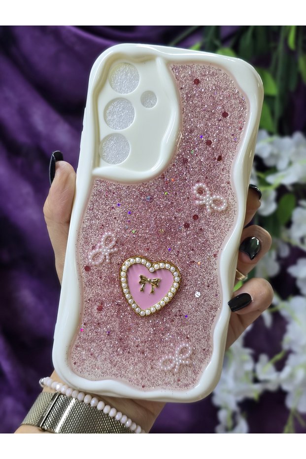 Samsung Galaxy A35 Compatible Stylish Phone Case with Heart Pink Glitter Pearl and Ribbon Detail