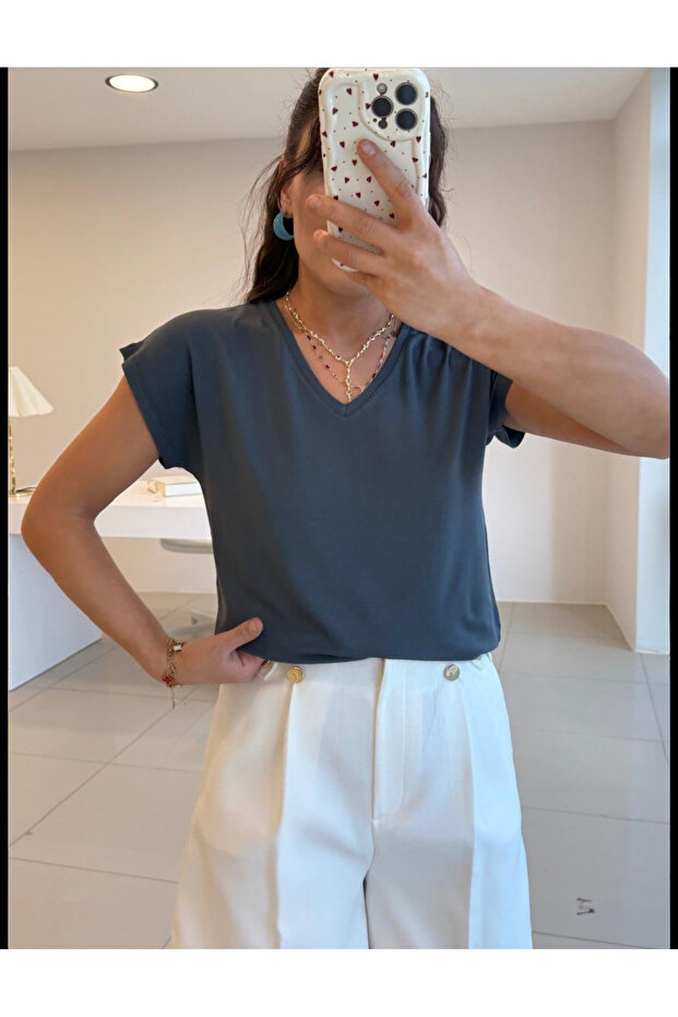 Kadın V yakalı Basic Modal Kurtarıcı Tişört - 4