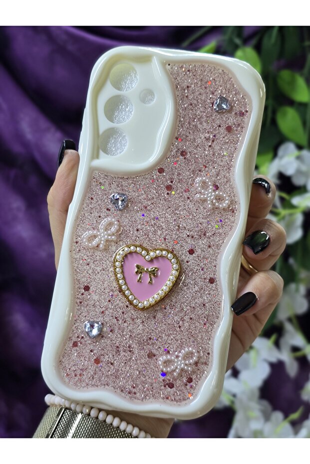 Samsung Galaxy A15 Compatible Stylish Phone Case with Heart Pink Glitter Pearl and Ribbon Detail