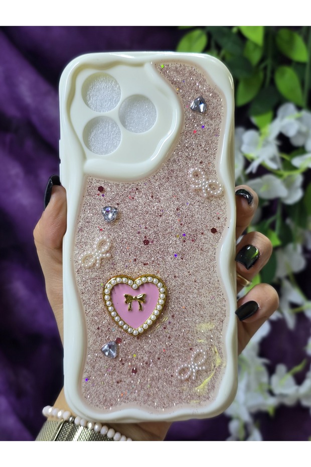 Realme C53 Compatible Stylish Phone Case with Heart Pink Glitter Pearl and Ribbon Detail