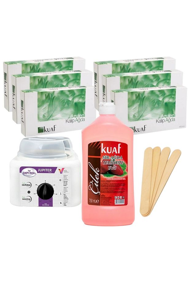 Yeşil Kalıp Ağda 6 Adet 400Ml + Sir Ağda Isıtıcı Kazan + 100Adet Spatula + 750ml Ağda Yağı Temizleme - 1