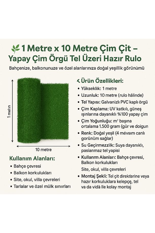 🌿 1 Metre x 10 Metre Çim Çit – Yapay Çim Örgü Tel Üzeri Hazır Rulo - 1