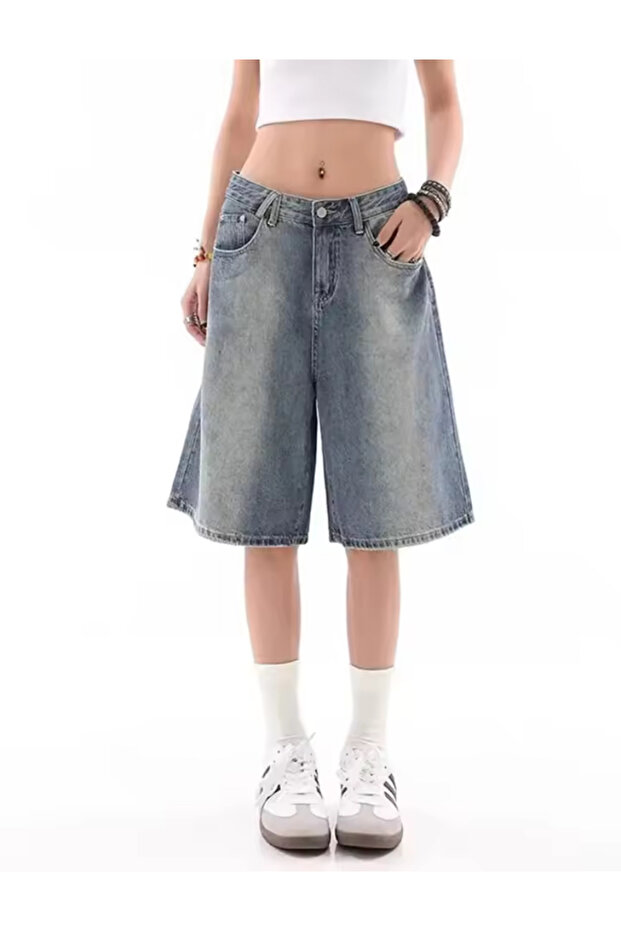 Y2k Yıkamalı Kumaş Unisex Jean Bermuda/Şort - 1
