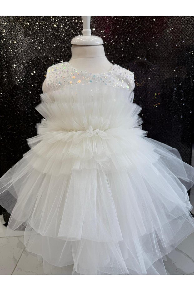 Pearl Detail Ruffle Floor Floor Puffy Girl's Evening Dress