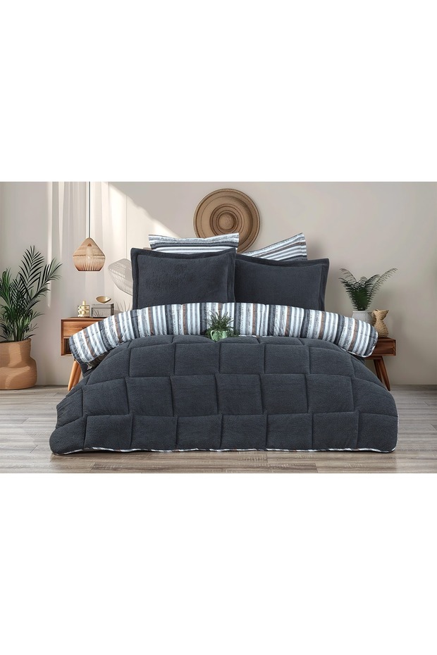 Sherpa Antrasit Pamuk ve Kuzu Yünü Comforter Uyku Set - 6