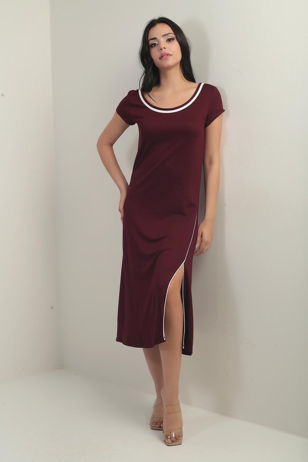 Women's Madonna Collar Piping Detailed Slit Crystal Long Dress