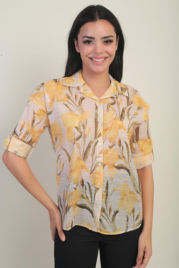 Women's Large Floral Patterned Sleeve Fold Shirt