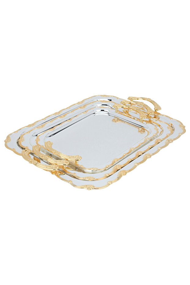 Steel Serving Tray Set Alsaif Gallery, 3 Pieces, Rectangular - Silver with Golden Edged Pattern