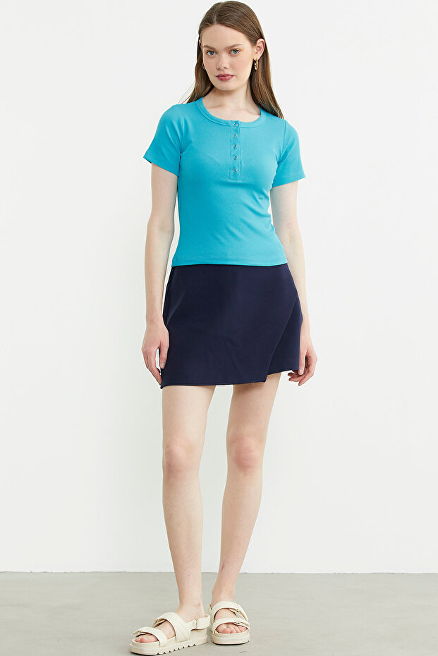 Düğmeli Kısa Kol Basic Tişört - Turkuaz - 1