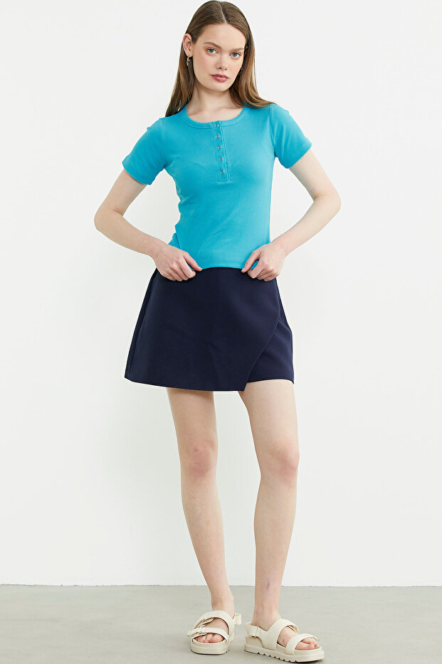 Düğmeli Kısa Kol Basic Tişört - Turkuaz - 3