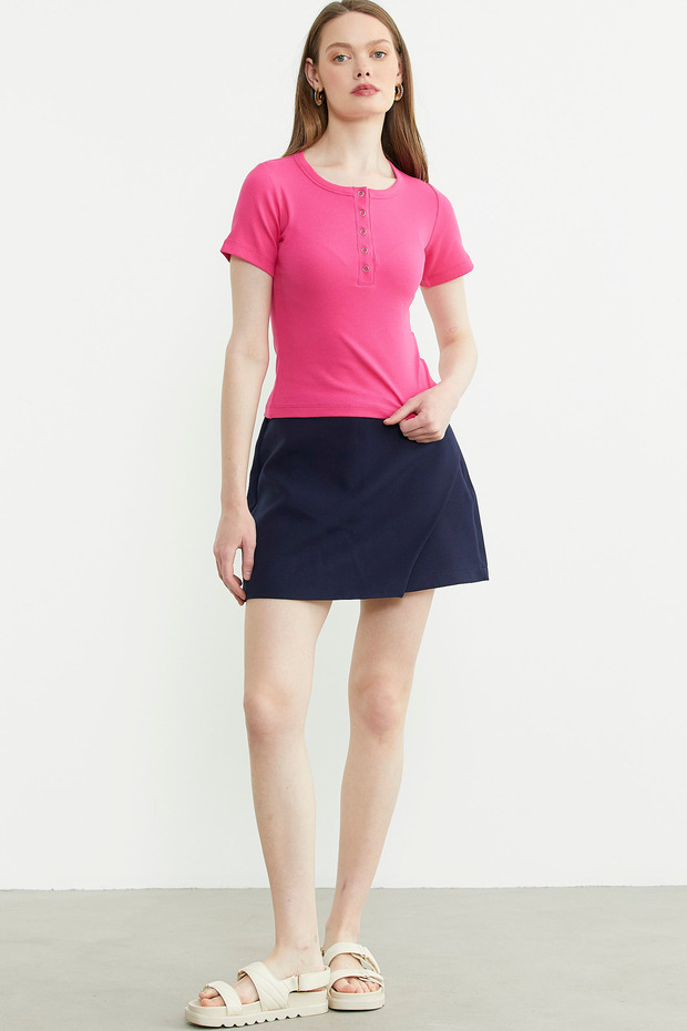 Düğmeli Kısa Kol Basic Tişört - Fuşya - 2