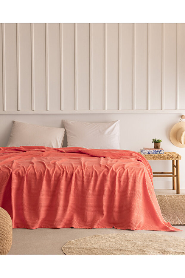 Mathilda Tek Kişilik %100 Pamuk Karde Düz Pike - Mercan - 1