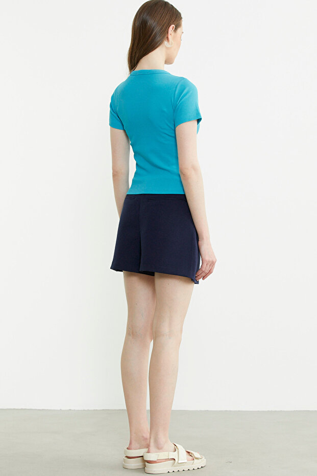 Düğmeli Kısa Kol Basic Tişört - Turkuaz - 5