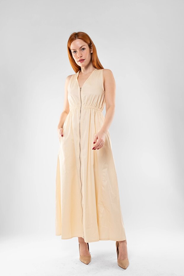 Cep Detaylı Ön Fermuarlı Ekru Uzun Elbise - 2