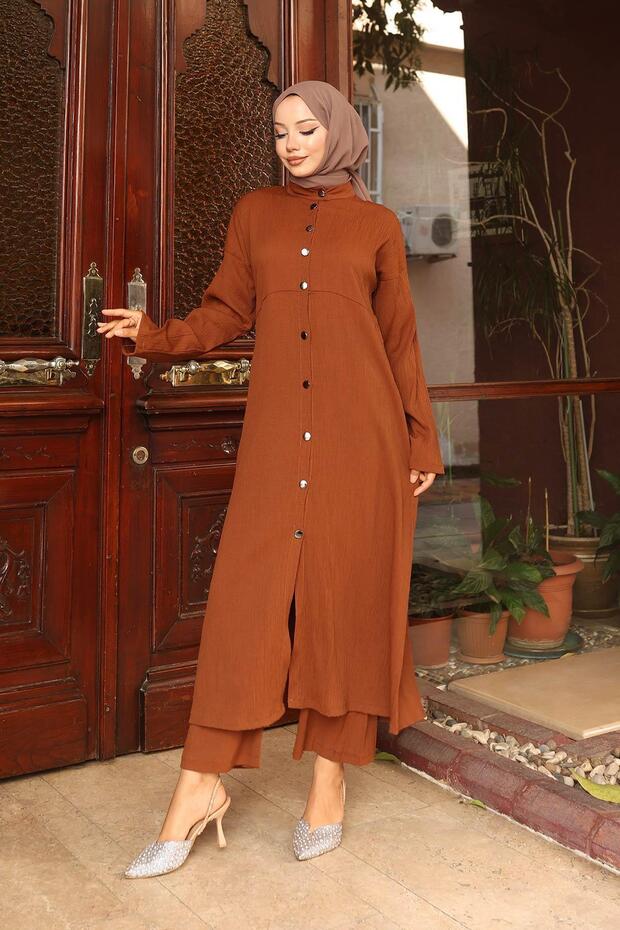 Collar Detailed Long Suit Brown