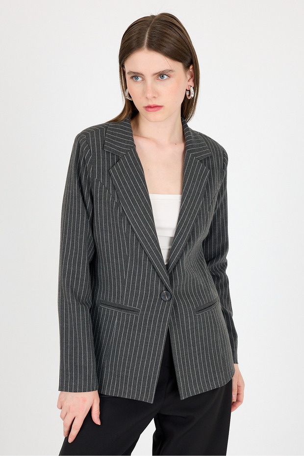 Anthracite Striped Single Button Blazer Jacket 4594A - 7