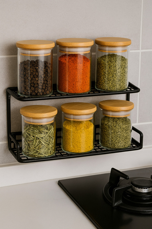 Set of 6 Glass Spice Jars | Wooden Lid – Vacuum-Sealed 14 Cm, Diameter 8 cm 700ml