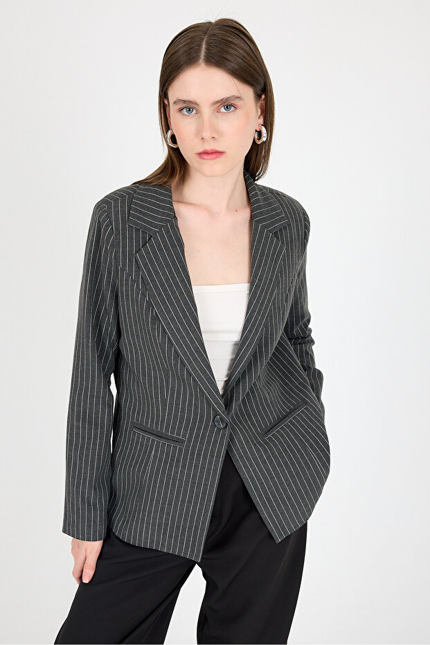 Anthracite Striped Single Button Blazer Jacket 4594A - 6