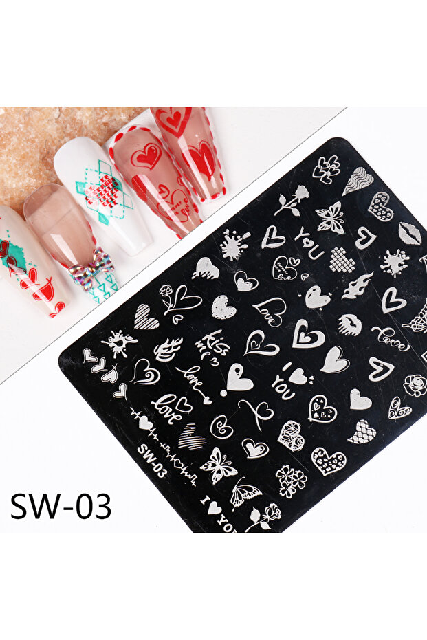 SW-03 Love Heart Stamping Plates Valentines Nails Template Image Romantic Flower Line Letter Printin