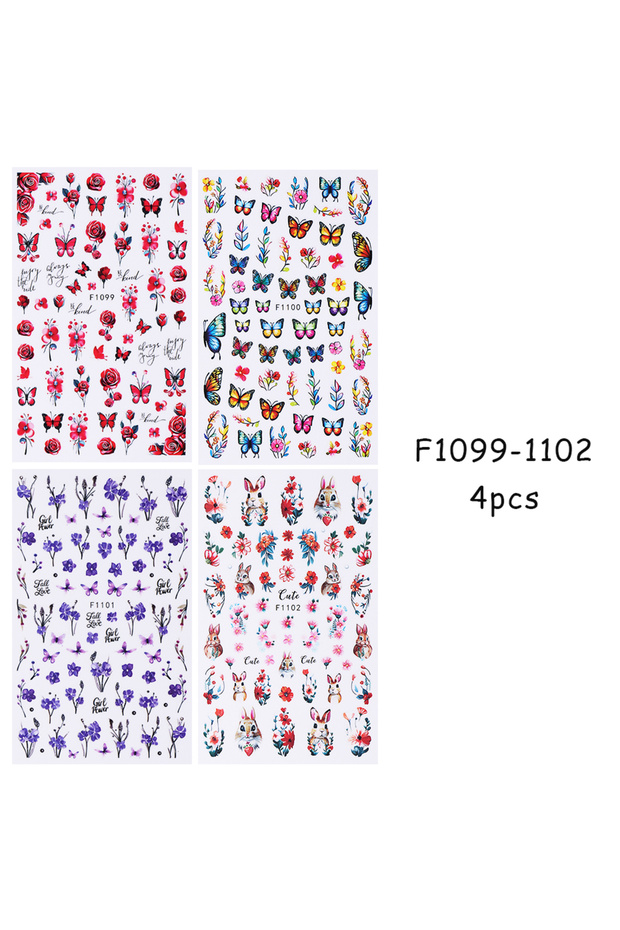 F1099-1102-4pcs 4pcs Cute Bunny Flower Nail Stickers 3D Daisy Rose Petals Leaves Butterfly Spring Su