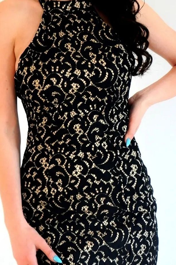 Siyah Astarlı Dantel Kumaş Halter Yaka Mini Elbise 2108 - 2