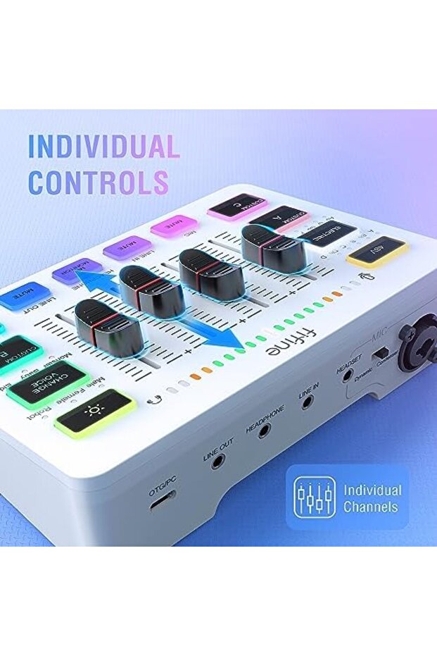 Audio Mixer, Gaming Streaming PC Mixer with Slider Fader, XLR Microphone Interface, Monitorin - 6