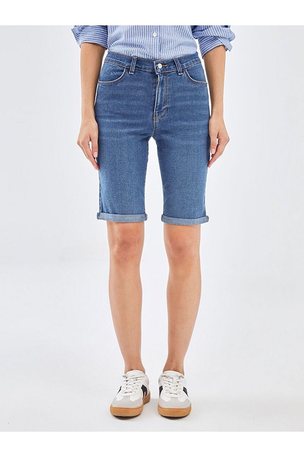 Indigo Normal Bel Bermuda Fit Kadın Jean Şort - 2