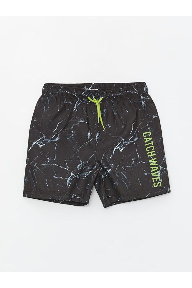 Black Printed Boys' Swim Shorts with Elastic Waist